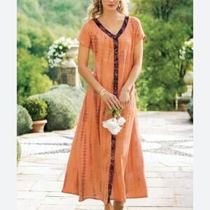 Soft Surroundings Size XS Sunset Bali Tie Dye Maxi Dress Canyon Orange Boho